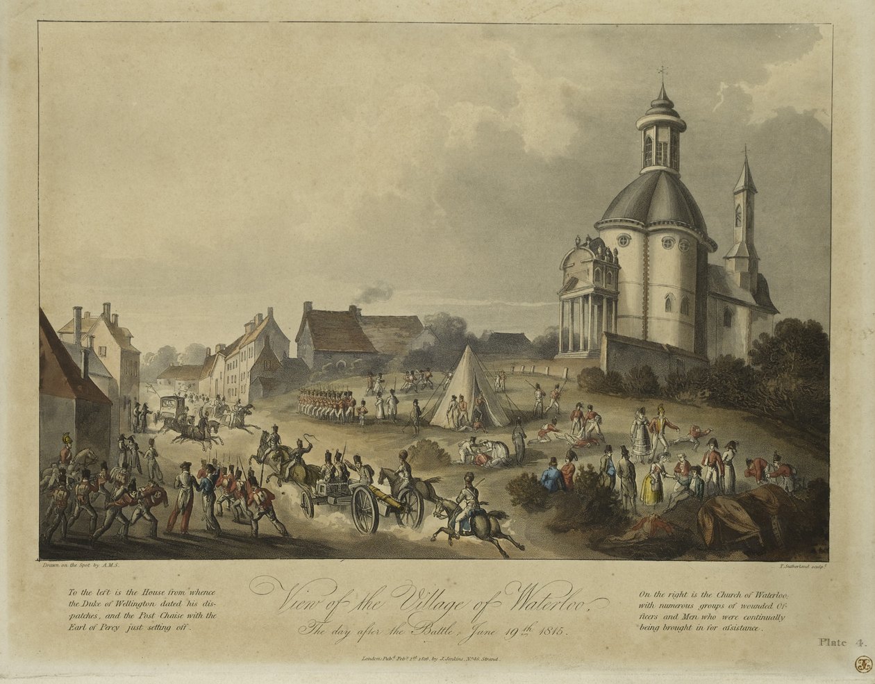 Utsikt over landsbyen Waterloo, dagen etter slaget, 19. juni 1815, etter A.M.S., utgitt av James Jenkins, 1. februar 1816 (fargeakvatint) av Thomas Sutherland