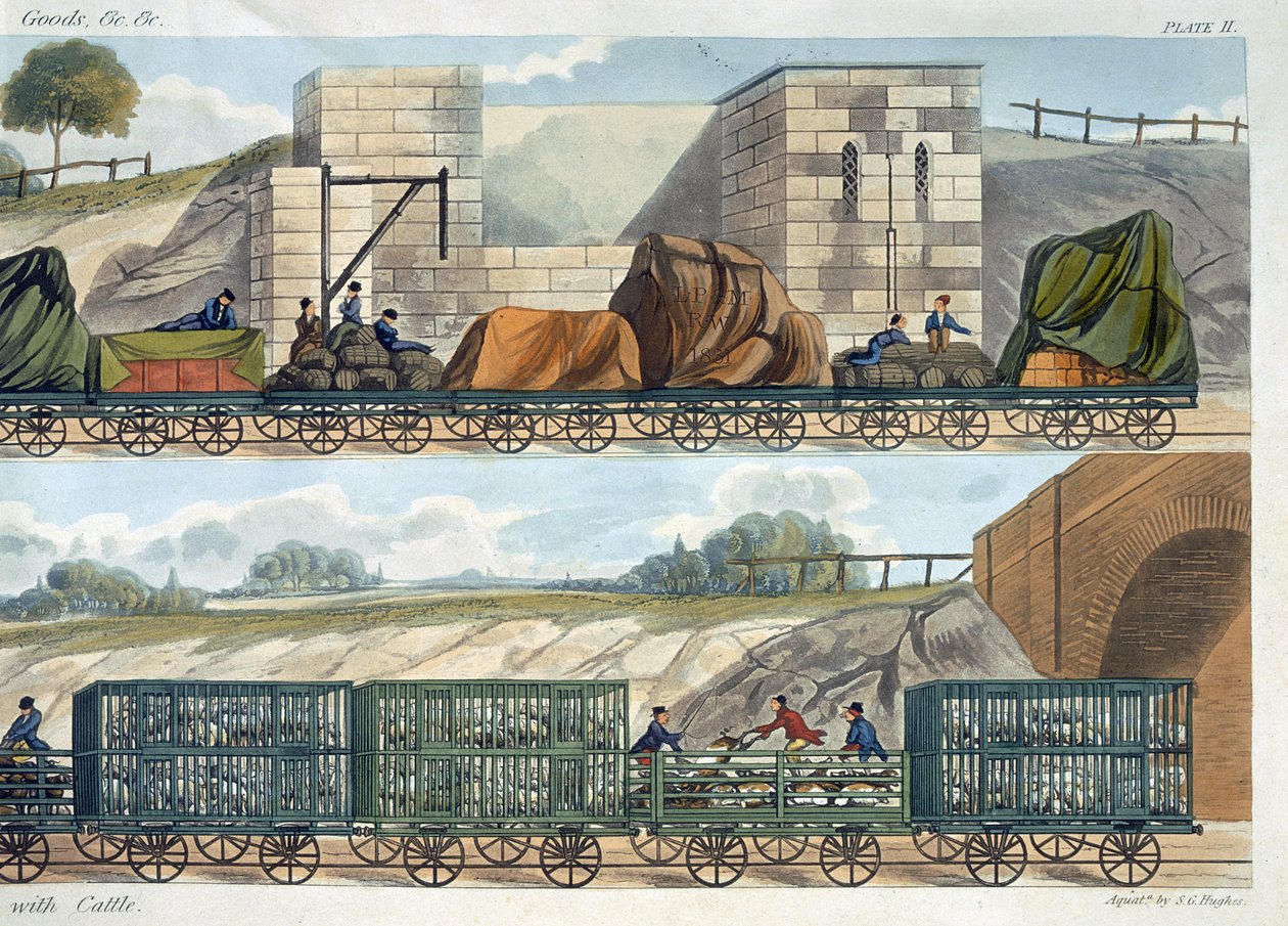 Et tog med vogner (øverst) og et tog med storfe, sauer og griser (nederst) fra 'Coloured View of the Liverpool und Manchester Railway', gravert av SG Hughes, utgitt av Ackermann und Co., London, 18323 av Thomas Talbot Bury