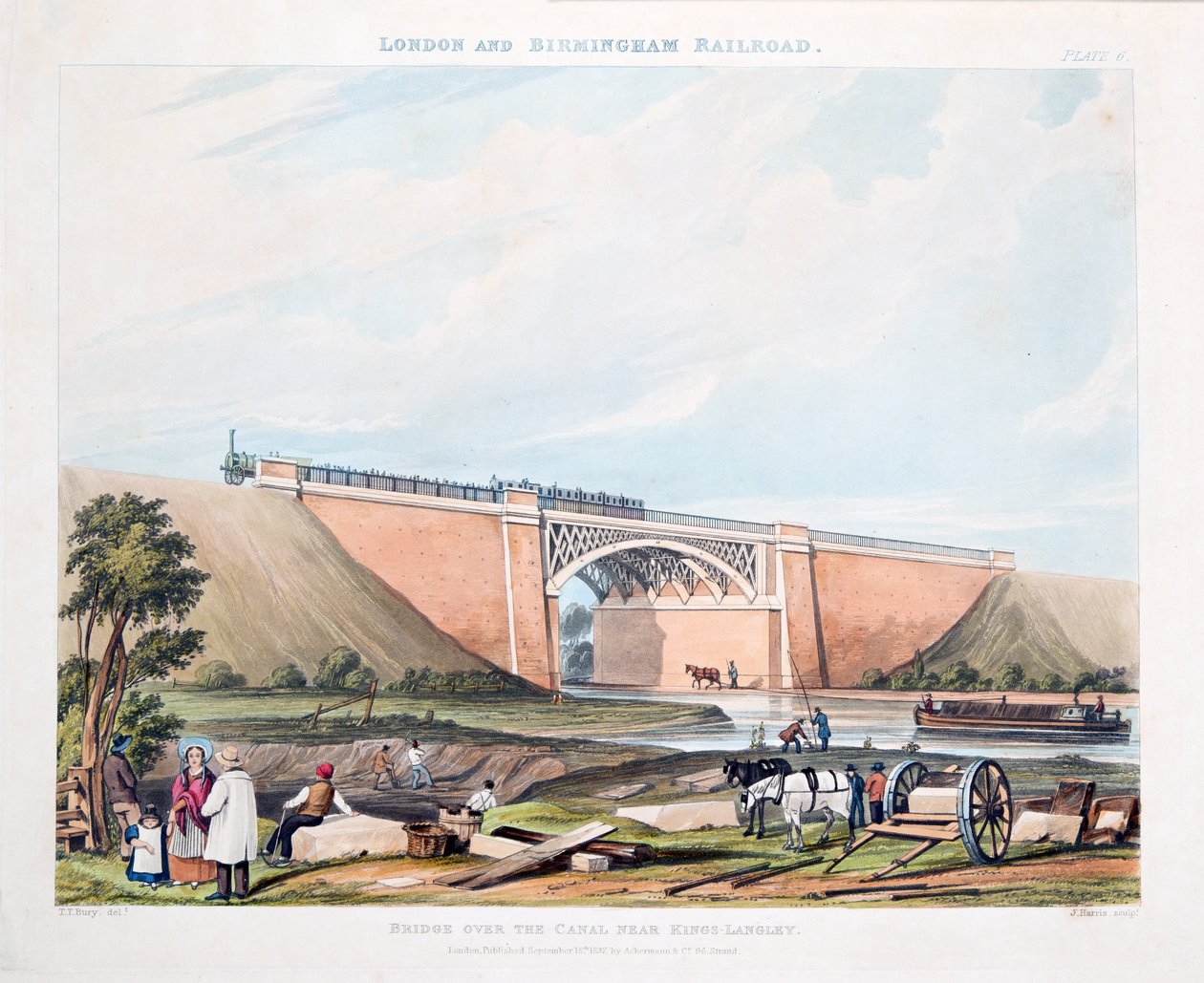 Bro over kanalen nær Kings-Langley, 1837 (håndfarget gravering) av Thomas Talbot Bury