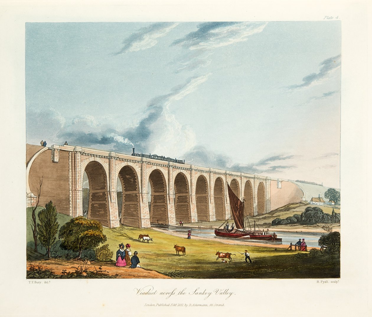 Viadukt over Sankey Valley, 1831 (håndfarget gravering) av Thomas Talbot Bury