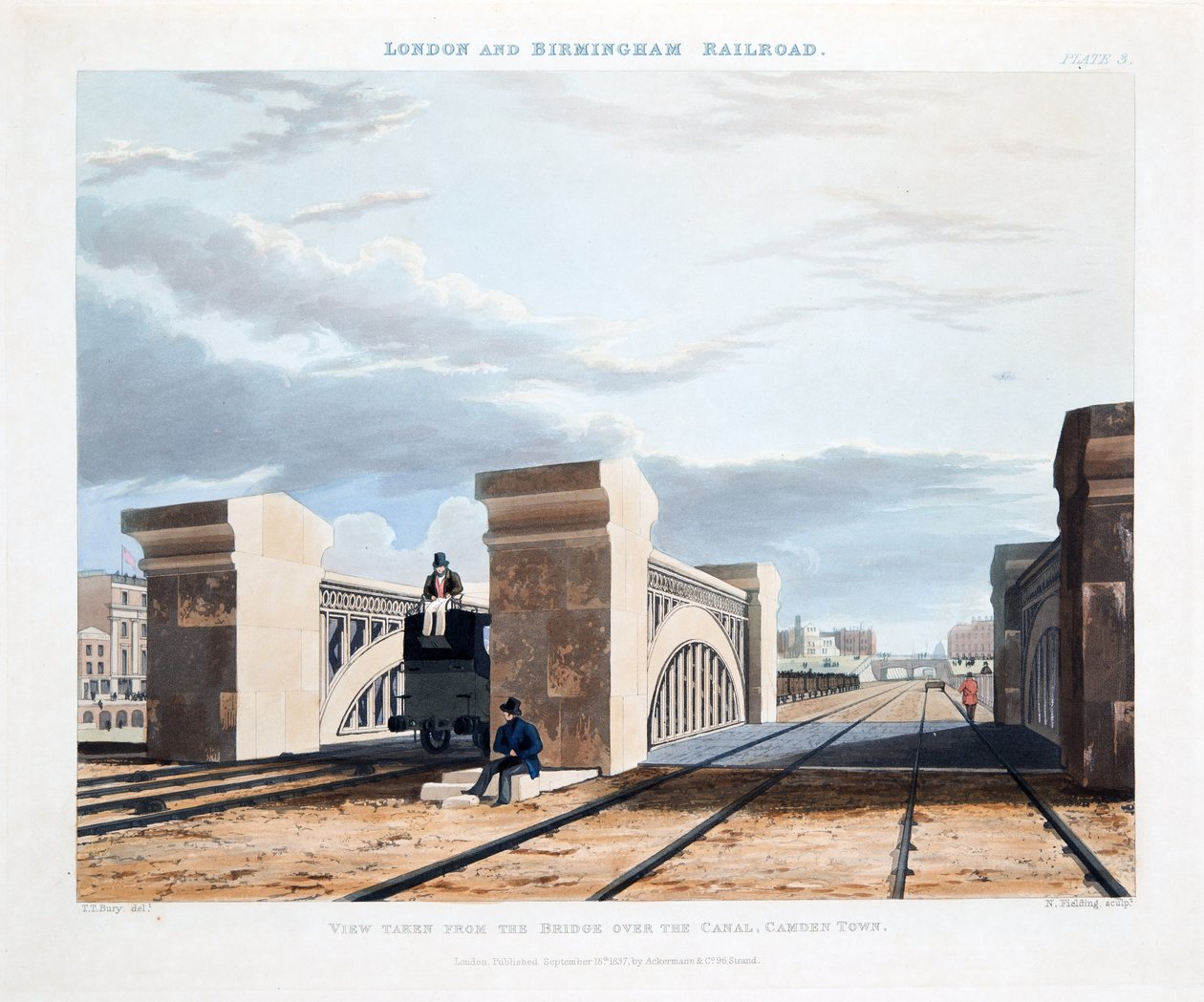 Utsikt tatt fra broen over kanalen, Camden Town, 1837 (håndfarget gravering) av Thomas Talbot Bury