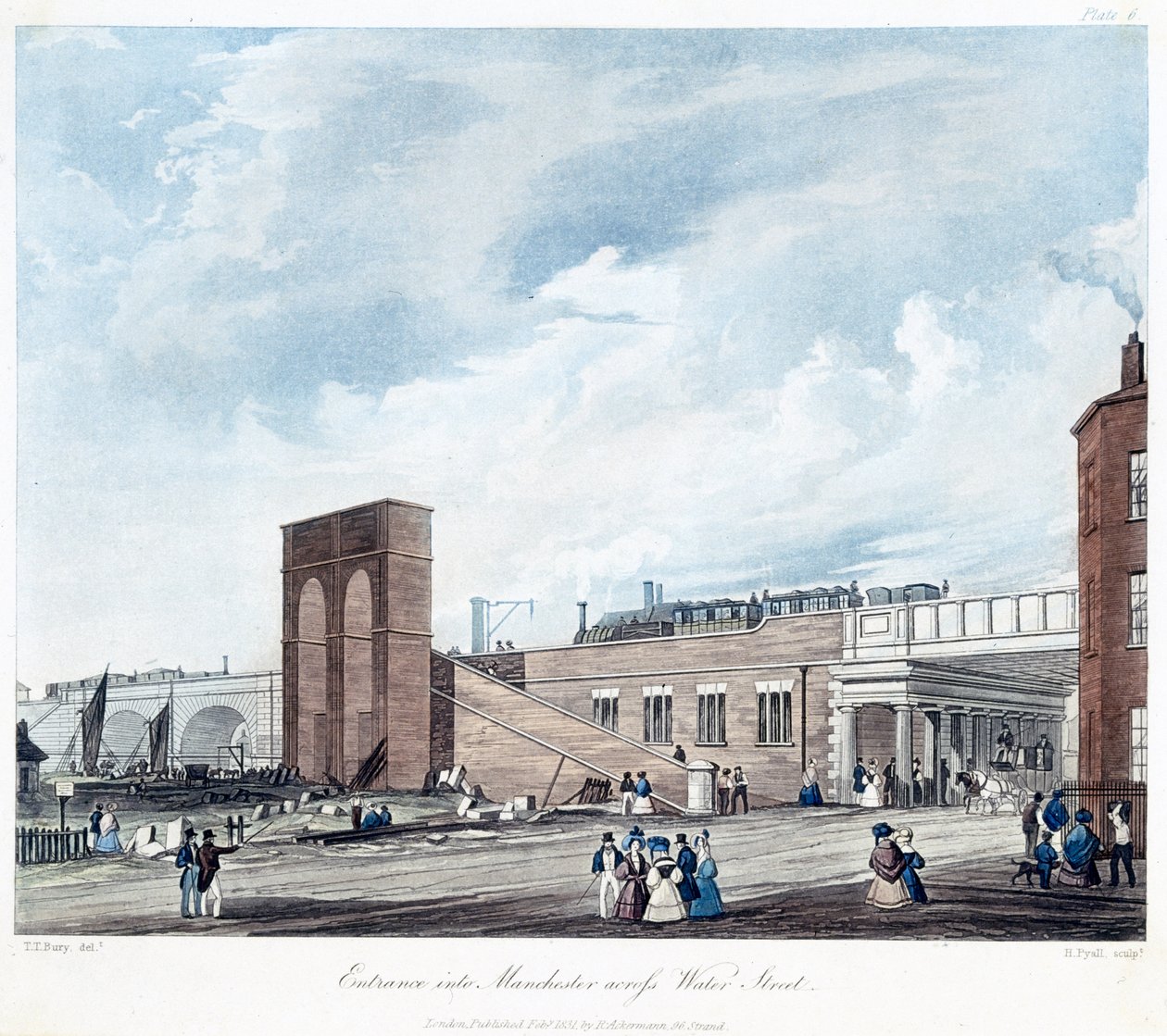 Inngang til Manchester Across Water Street, gravert av Henry Pyall (1795-1833) utgitt av Ackermann & Co., 1831 (farget akvatint) av Thomas Talbot after Bury