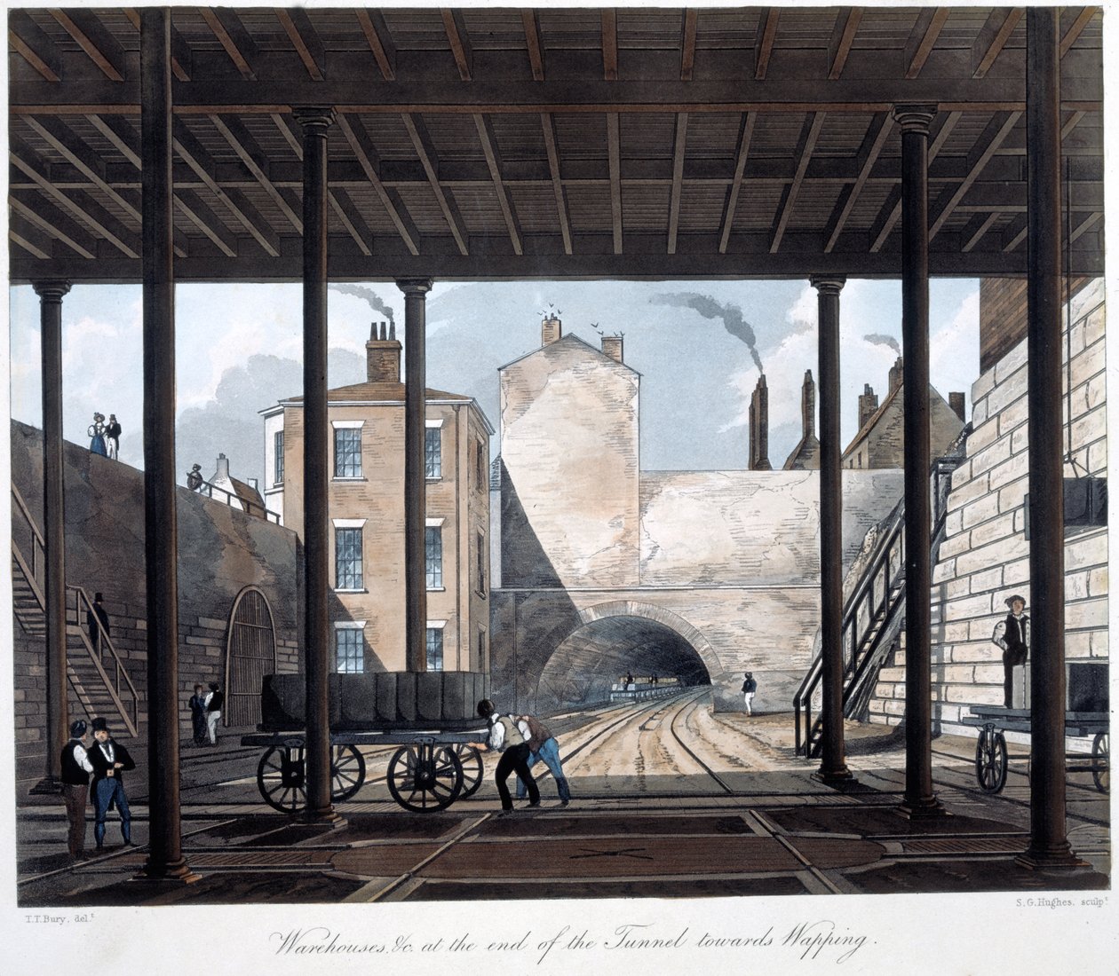 Varehus og verk ved enden av tunnelen mot Wapping, gravert av S.G. Hughes, 1831 (håndfarget akvatint) av Thomas Talbot after Bury