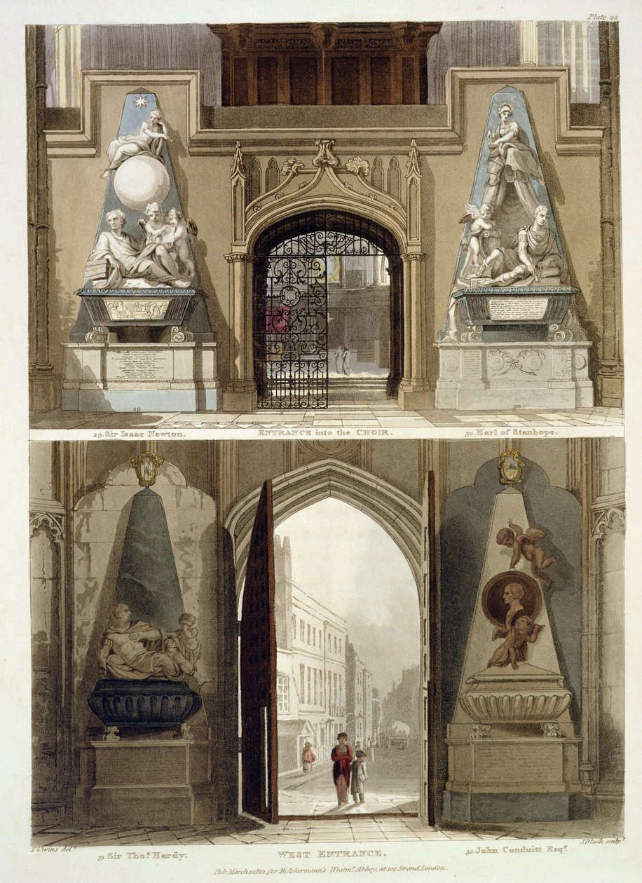 The Entrance into the Choir and the West Entrance, plate 20 fra 'Westminster Abbey', gravert av J. Bluck (fl.1791-1831) pub. av Rudolph Ackermann (1764-1834) 1812 (akvatint) av Thomas Uwins