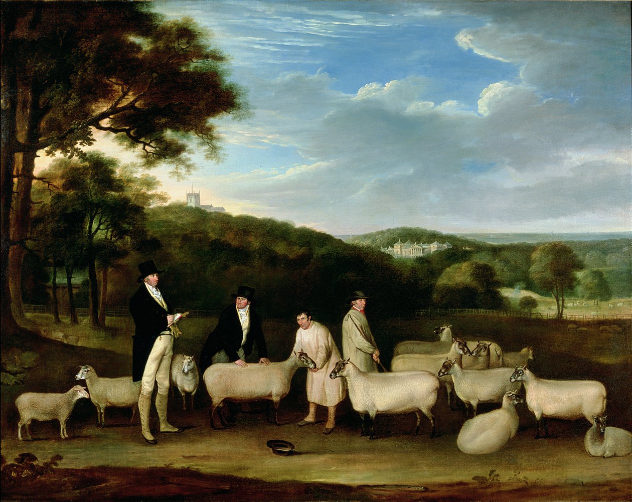 Portrett av Thomas William Coke, Esq. (1752-1842) inspiserte noen av South Down-sauene hans sammen med Mr. Walton og Holkham-gjeterne av Thomas Weaver