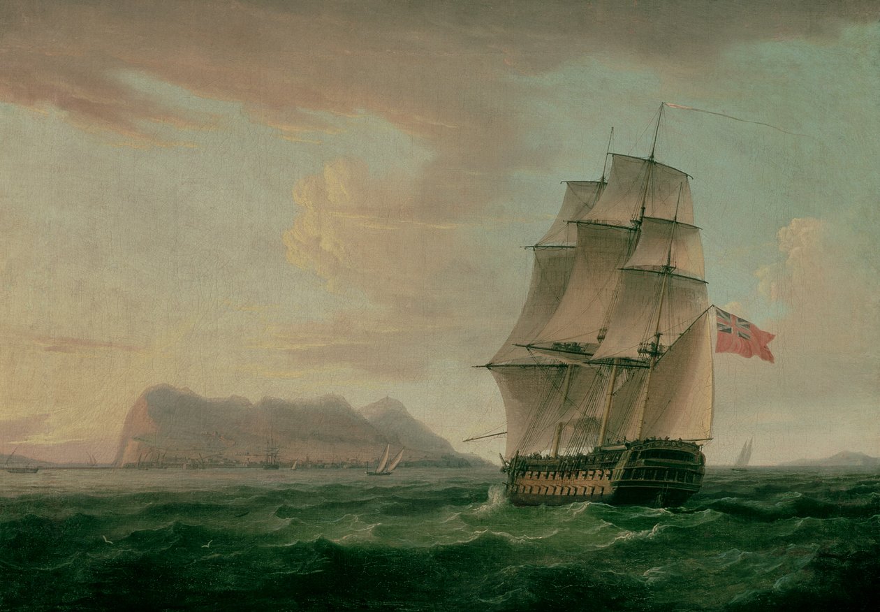 A British Man of War Before the Rock of Gibraltar av Thomas Whitcombe