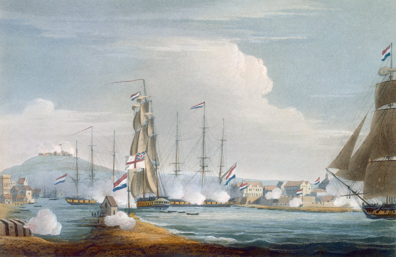 Erobring av havnen i Curacoa, Nederlandsk Øst-India, gravert av J. Bailey for 