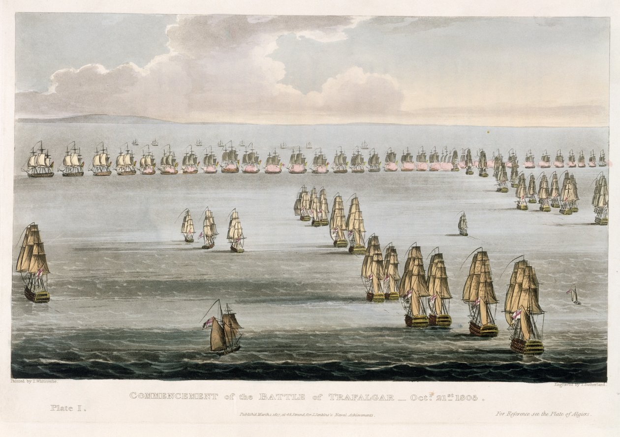Begynnelsen av slaget ved Trafalgar, 21. oktober 1805, gravert av Thomas Sutherland for J. Jenkins 
