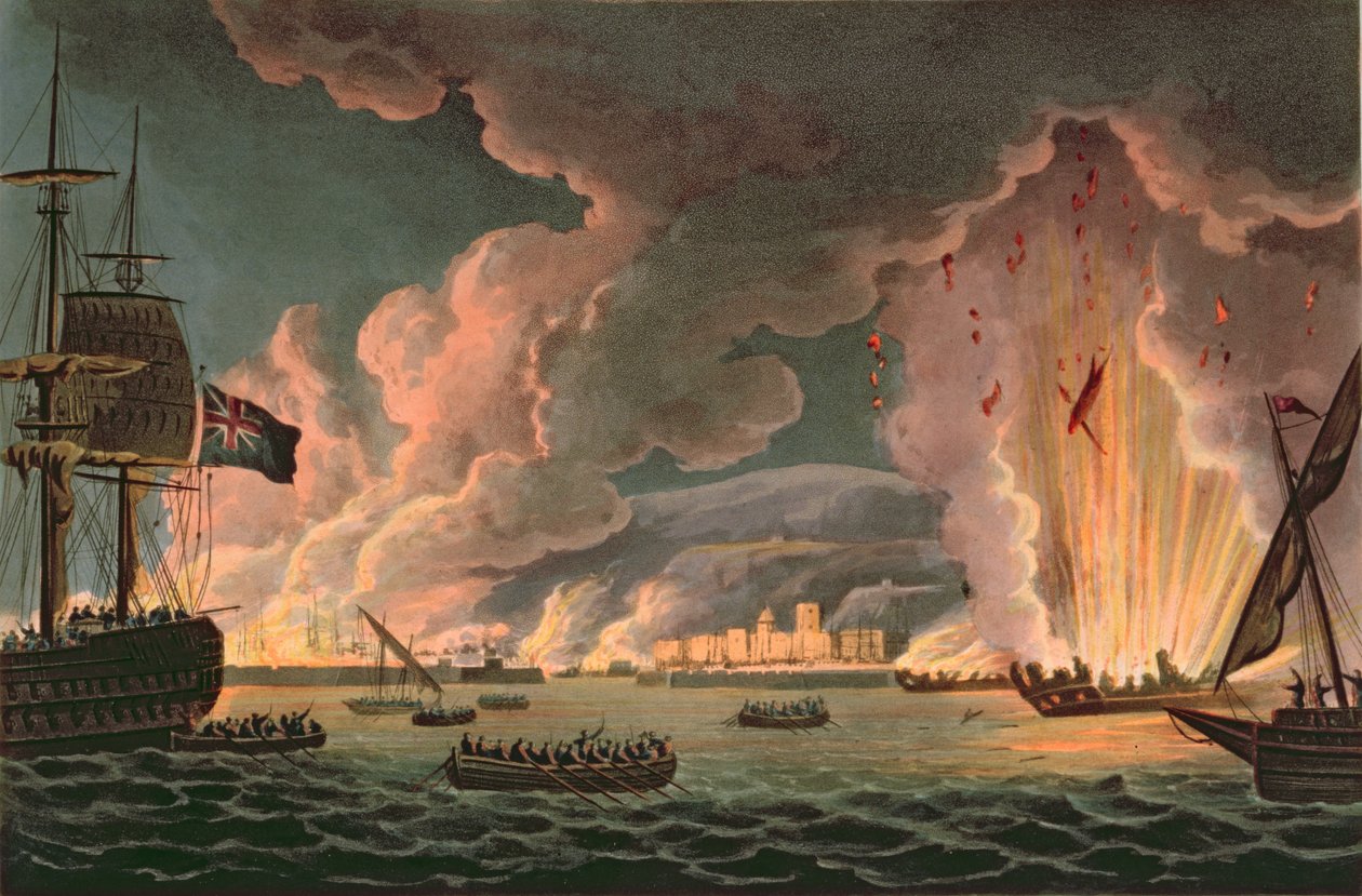 Ødeleggelse av den franske flåten ved Toulon, 18. desember 1793, gravert av Thomas Sutherland (f.1785) publisert i 1816 (se også 97232) av Thomas Whitcombe