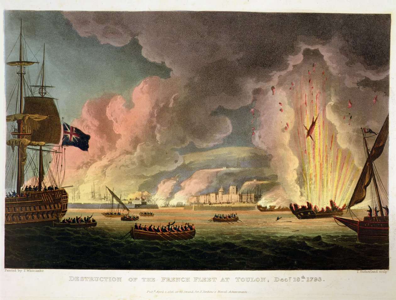 Ødeleggelse av den franske flåten ved Toulon, 18. desember 1793, gravert av Thomas Sutherland for J. Jenkins 