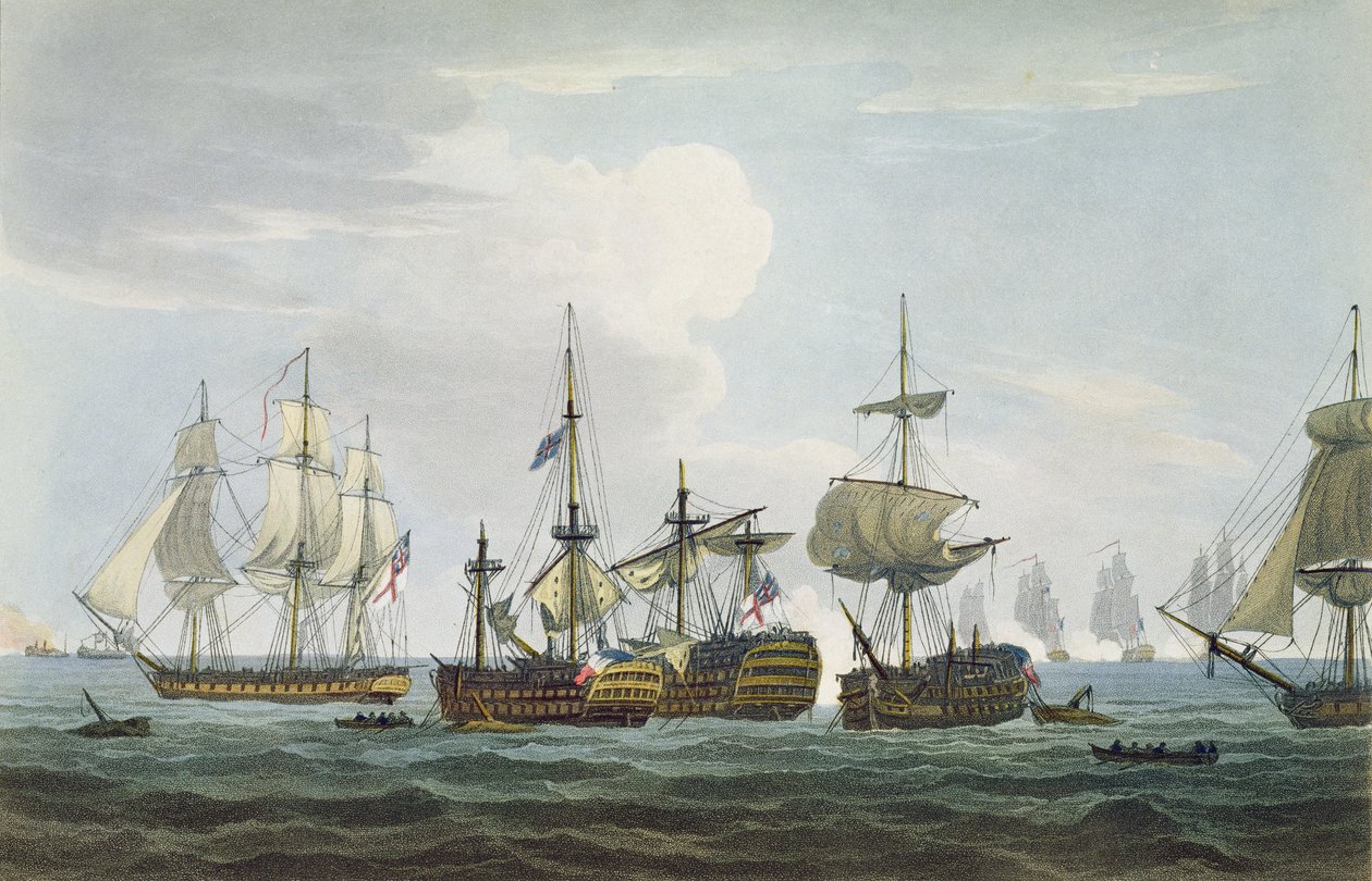 Situasjonen for HMS Temeraire i slaget ved Trafalgar 21. oktober 1805, gravert av T. Sutherland for 