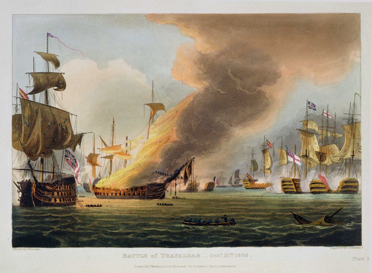 Slaget ved Trafalgar, 21. oktober 1805, gravert av Thomas Sutherland for J. Jenkins 'Naval Achievements', 1816 (fargegravering) av Thomas Whitcombe