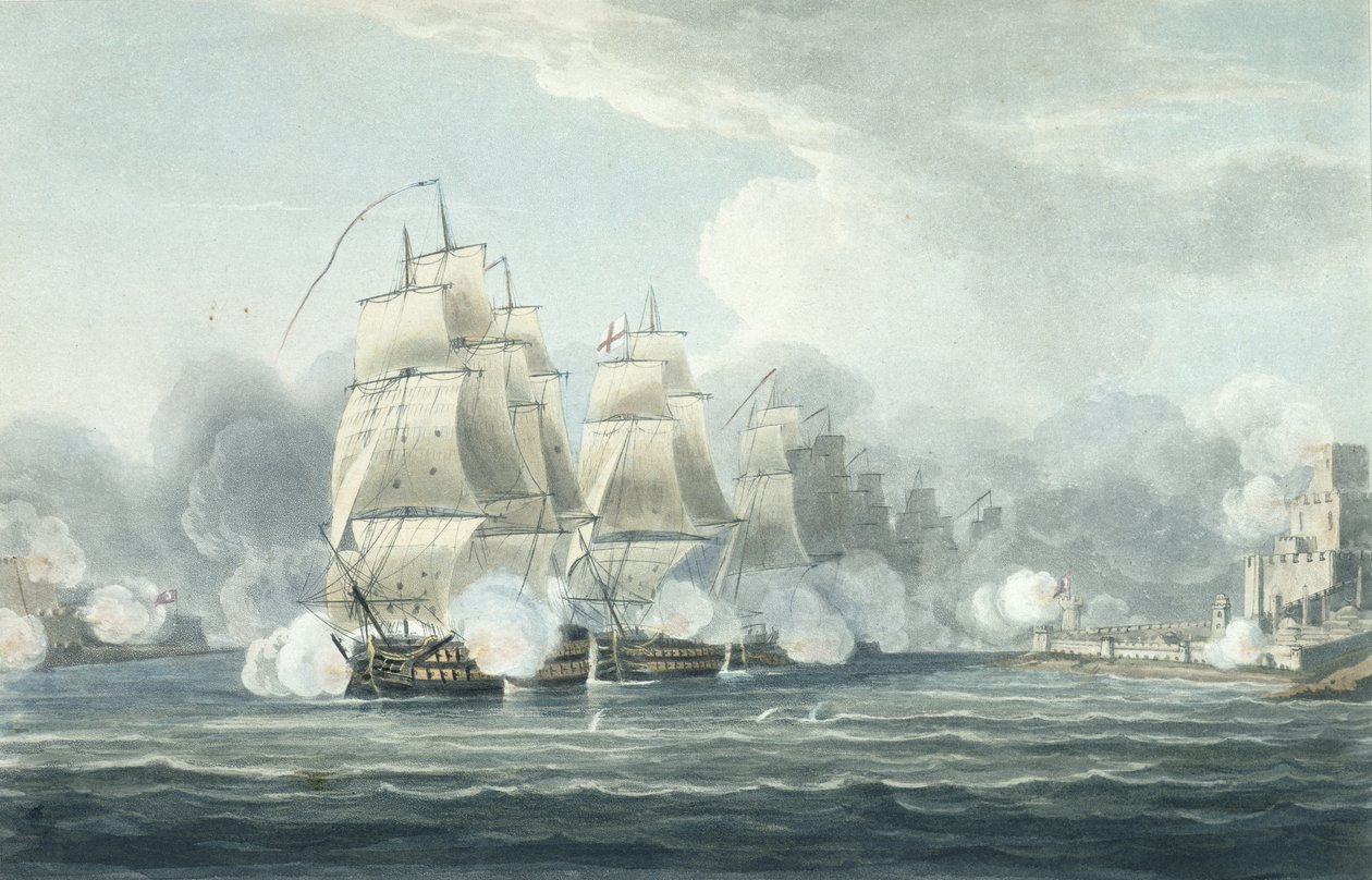 Skvadronen under kommando av Sir F.T Duckworth tvinger den smale kanalen til Dardanellene, 19. februar 1807, gravert av T. Sutherland for 