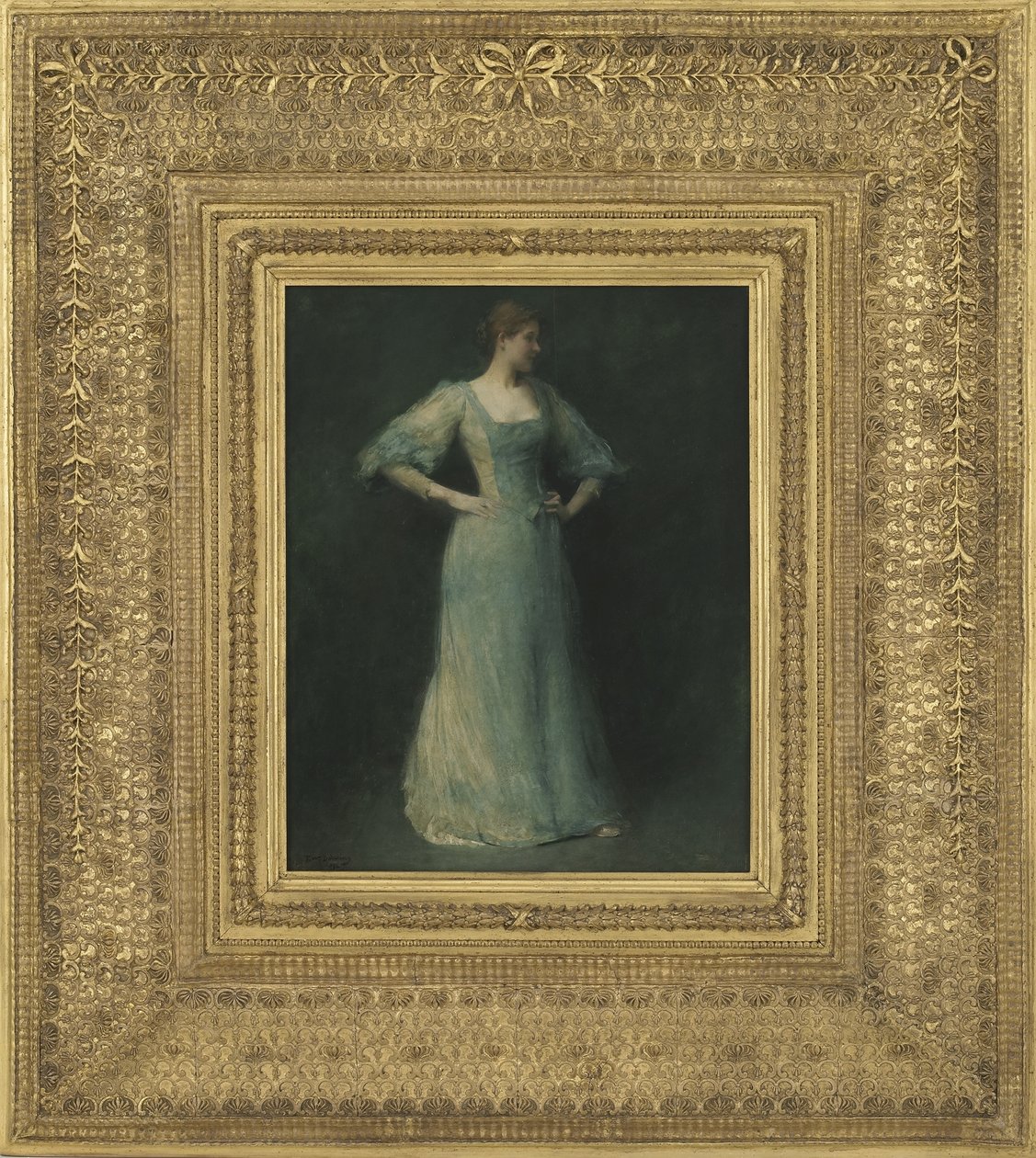 Den blå kjolen, 1892 (olje på trepanel) av Thomas Wilmer Dewing