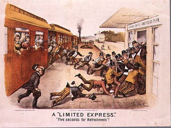 En begrenset ekspress, fem sekunder for forfriskninger, pub. av Currier og Ives i New York, 1884 av Thomas Worth