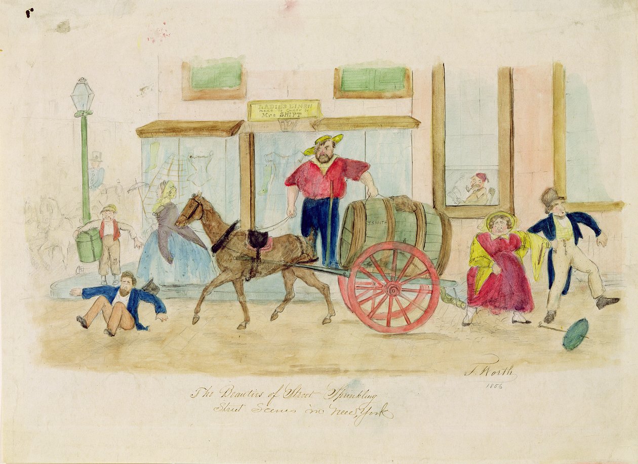 The Beauties of Street Sprinkling, New York City, 1856 (blyant og wc på papir) av Thomas Worth