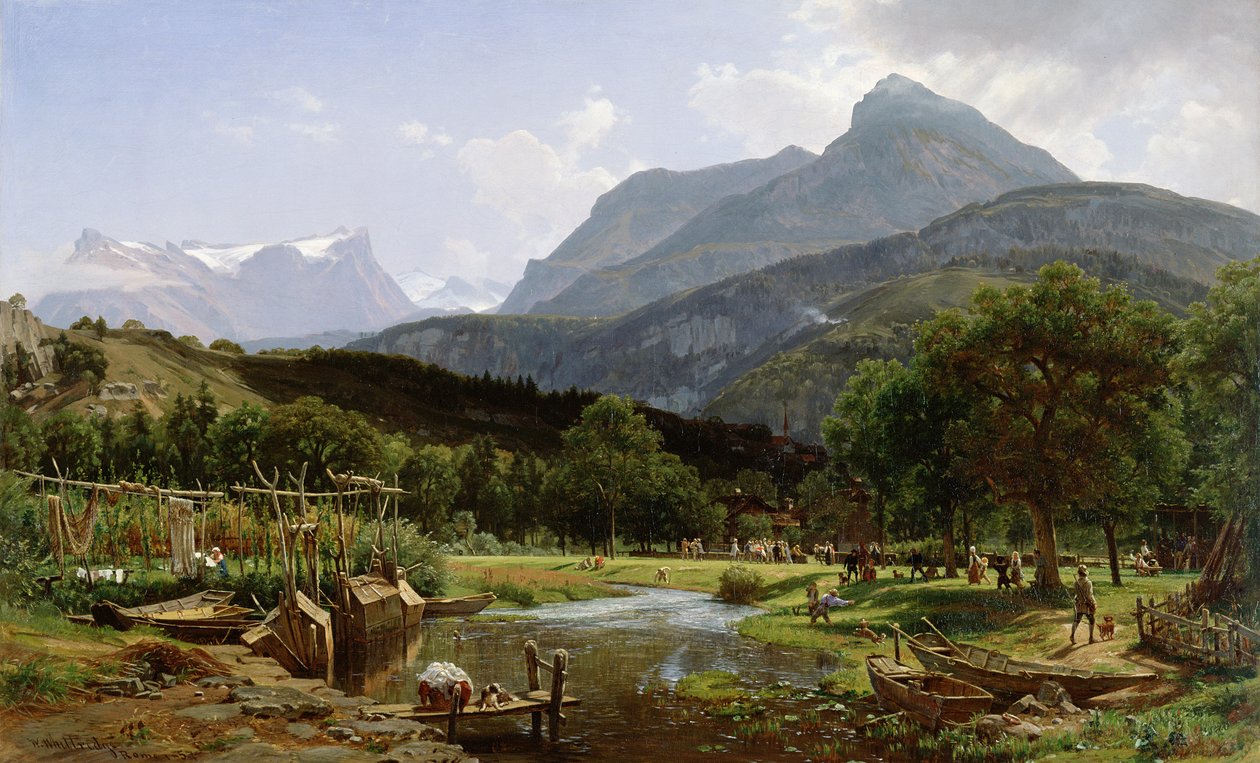 Utsikt nær Brunnen ved Vierwaldstättersee, Sveits, 1857 av Thomas Worthington Whittredge