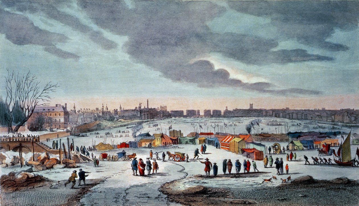 Frost Fair på Themsen nær Temple Stairs i 1683-84, gravert av James Stow (1770-c.1820), pub. 1825 av Robert Wilkinson (fargetrykk) av Thomas Wyke