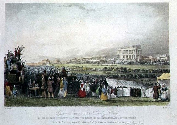 Epsom Races on Derby Day, 1841, (håndfarget gravering) av Thomas Allom