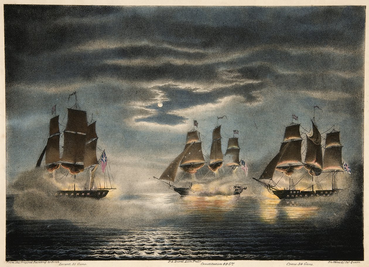 Fangst av H.M. Ships Cyane and Levant, av U.S. Fregate Constitution, fra Army and Navy Magazine, pub. 1840 av Thomas after Birch