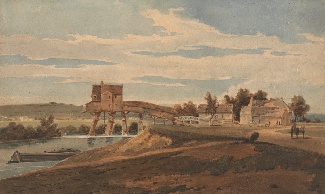 Vannmøllen over broen ved Charenton (wc over grafitt på papir lagt på moderne montering) av Thomas after Girtin