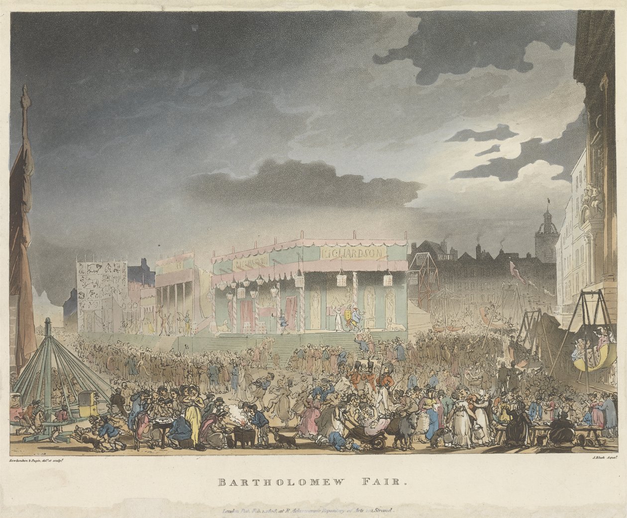 Bartholomew Fair, fra Microcosm of London, eller London in Miniature, Vol. I, av Rudolph Ackerman, gravert av J. Bluch av Thomas after Rowlandson