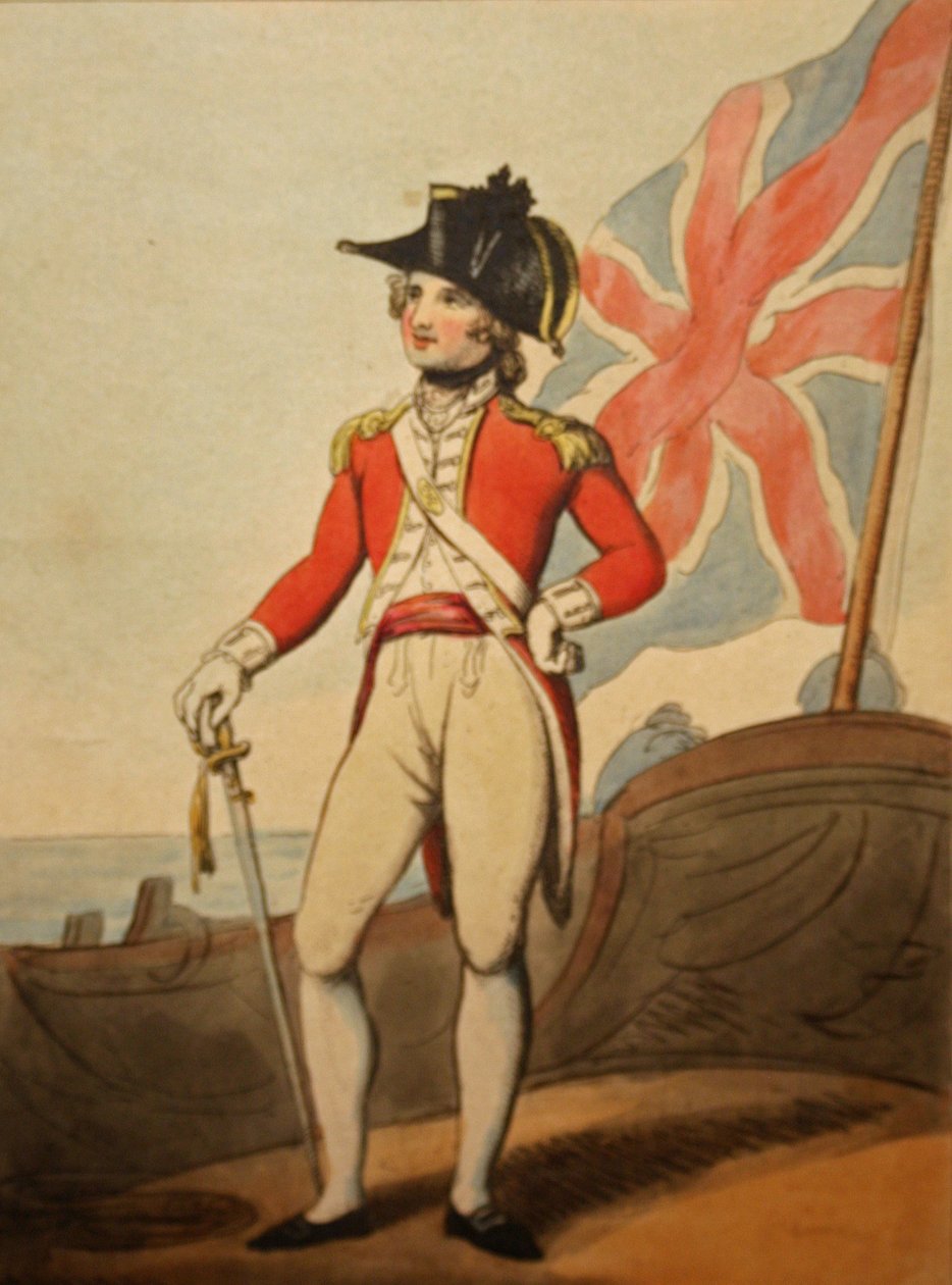 Captain of Marines, 1799 (håndfarget etsning) av Thomas after Rowlandson