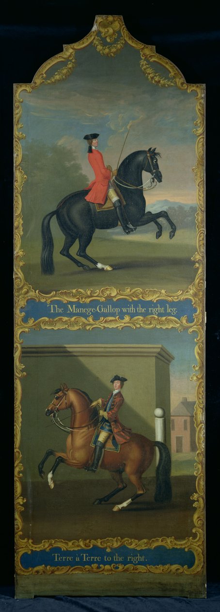 'Manegegaloppen med høyre ben' (øverst) og 'Terre a Terre til høyre' (nederst), ca. 1750 av Thomas, of Pall Mall Butler