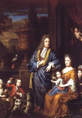 Familieportrettgruppe i klassiske omgivelser av Thomas van der Wilt