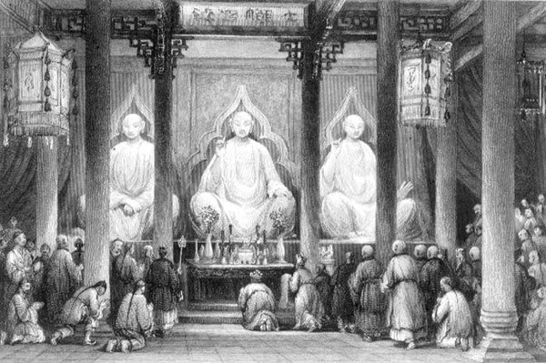 Great Temple i Hunan, Canton, gravert av A. Willmore (gravering) av Thomas (after) Allom