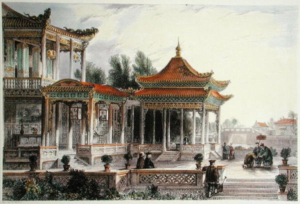 Pavilion of the Star of Hope, Tong Chow, ca. 1850 (litho-farge) av Thomas (after) Allom