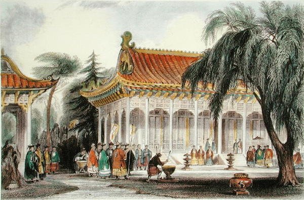 Publikumshallen ved Palace of Yuen-ming-Yuan, Peking, ca. 1850 (farge litho) av Thomas (after) Allom