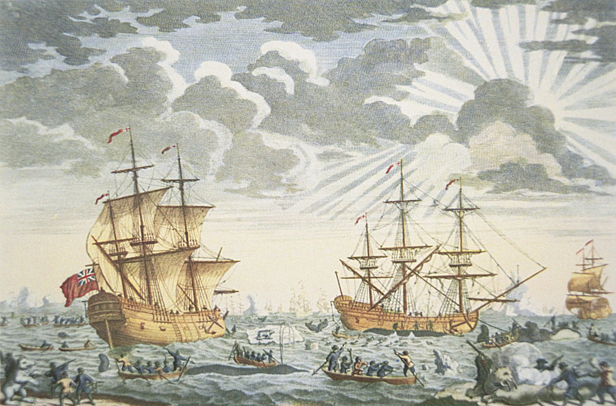 Grønlands- eller hvalfiskeriet, gravert av E. Kirkall, ca. 1720 (farge litho) av Thomas (after) Baston