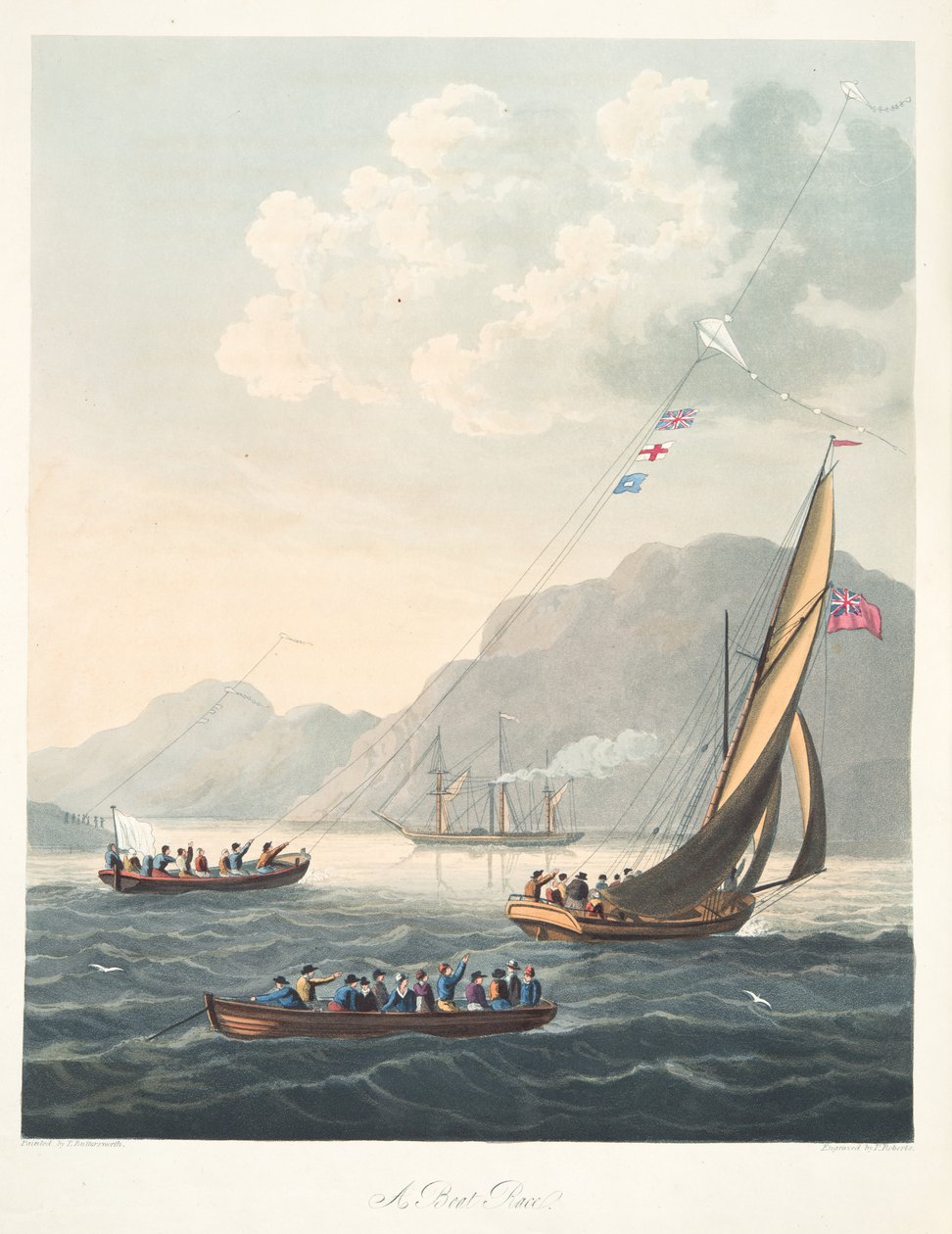 A Boat Race, fra "The Aeropleustic Art, or Navigation in the Air, by the Use of Kites, or Buoyant Sails, pub. 1827 (håndfarget akvatint) av Thomas (after) Butterworth