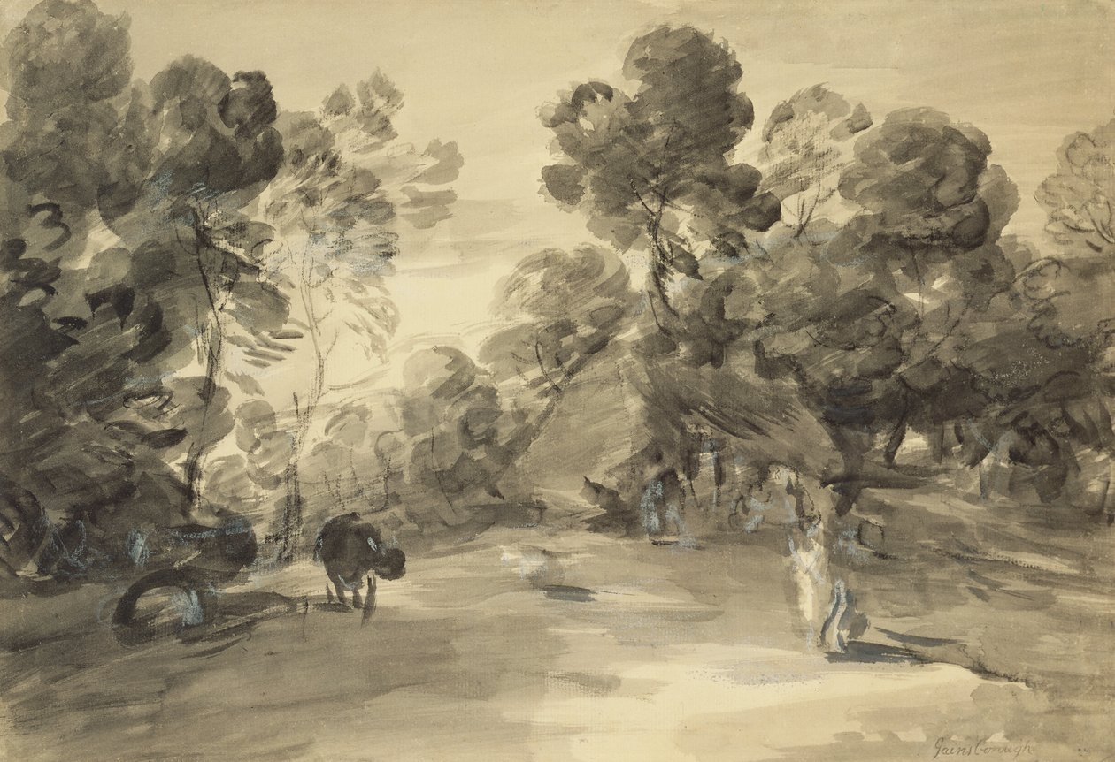 Skoglandskap med figurer, hytte og ku, ca. 1785 (vask og kritt med gouache på papir) av Thomas (after) Gainsborough