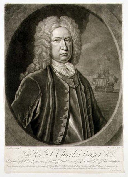 Portrett av Sir Charles Wager (1666-1743) Admiral of the Blue Squadron, gravert av John Faber (1684-1756) 1732 (gravering) av Thomas (after) Gibson