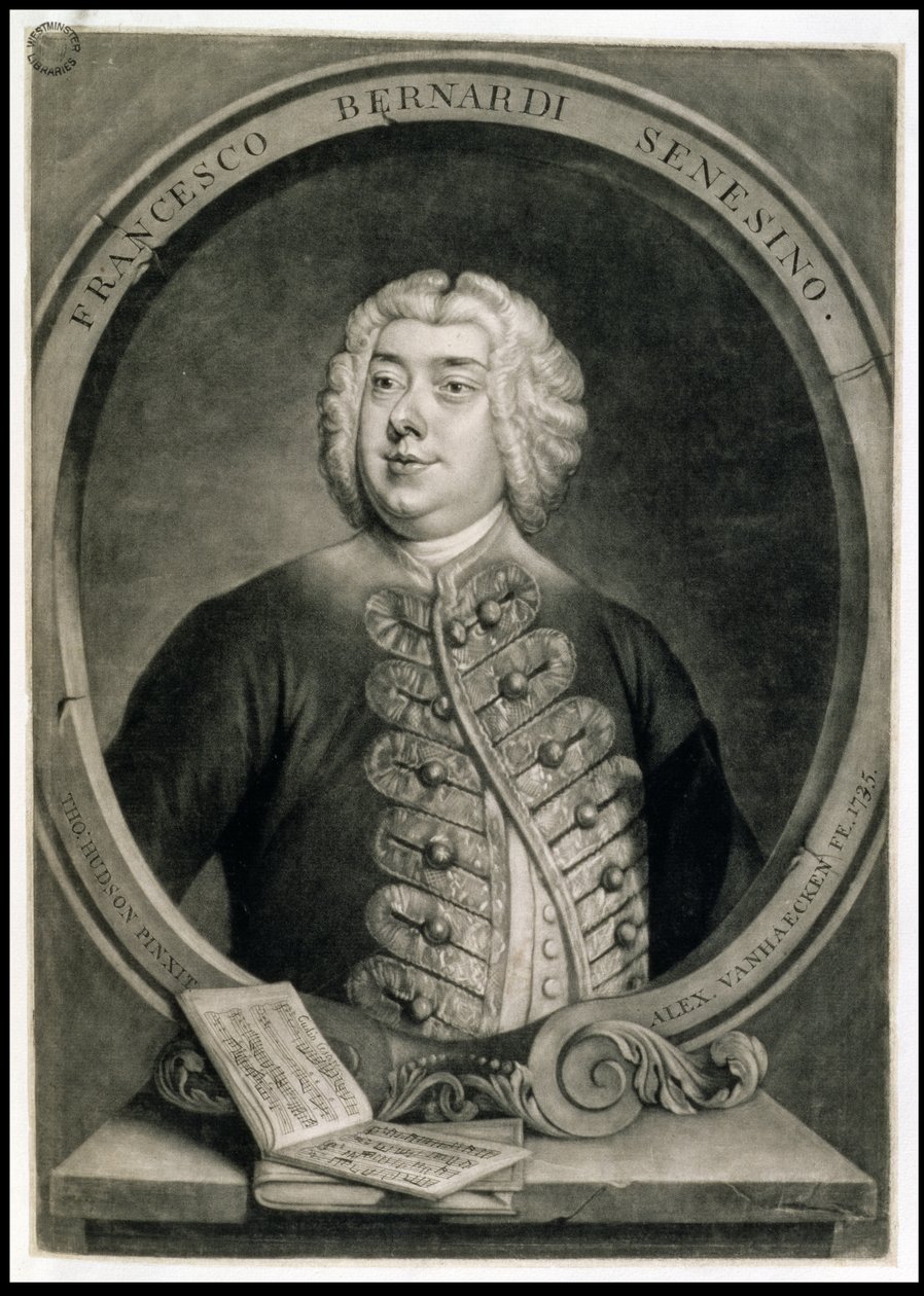 Francesco Bernardi Senesino, gravert av Alexander van Haecken (1701-58) av Thomas (after) Hudson