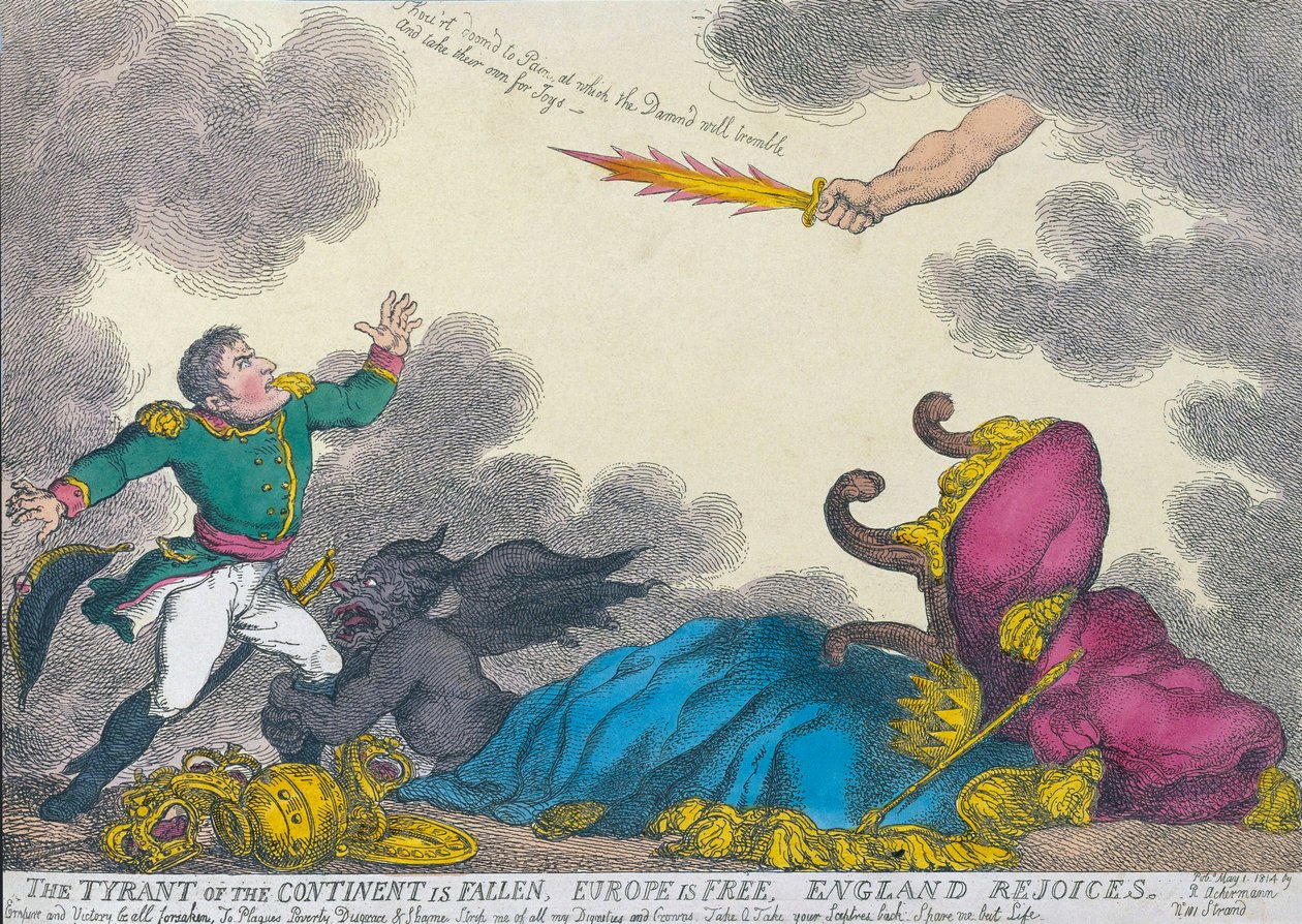 Tegneserie som feirer Napoleons abdikasjon i 1814 av Thomas (after) Rowlandson