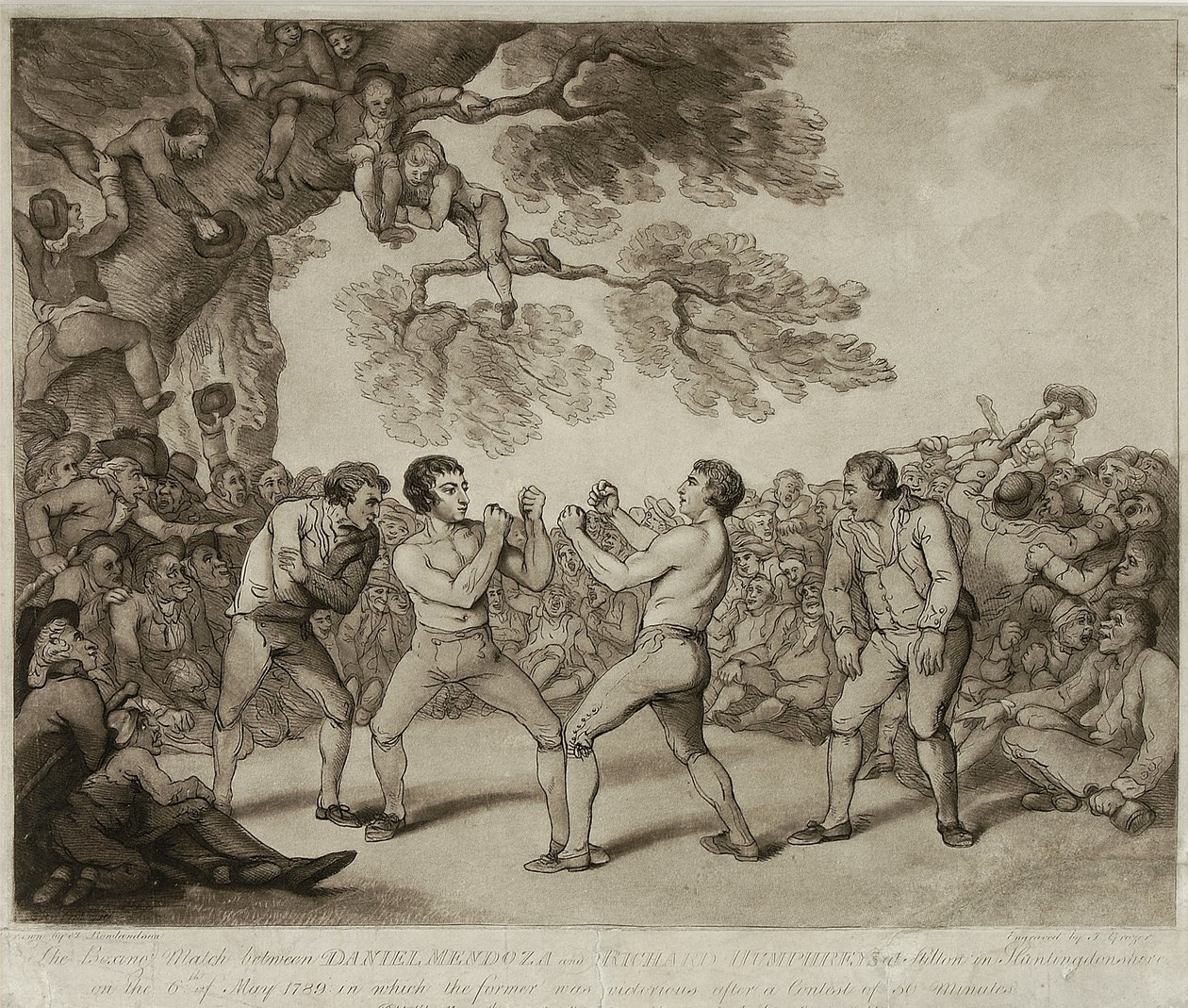 Boksekampen mellom Daniel Mendoza og Richard Humphreys i Stilton, Huntingdonshire, 6. mai 1789, gravert av Joseph Grozer (ca. 1755-99) (gravering) av Thomas (after) Rowlandson