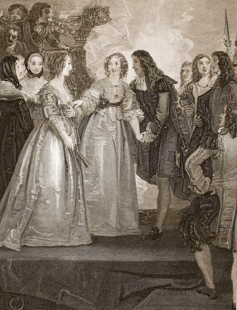Charles II mottar hertuginnen av Orleans i Dover, gravert av W. Bromley, illustrasjon fra David Humes 