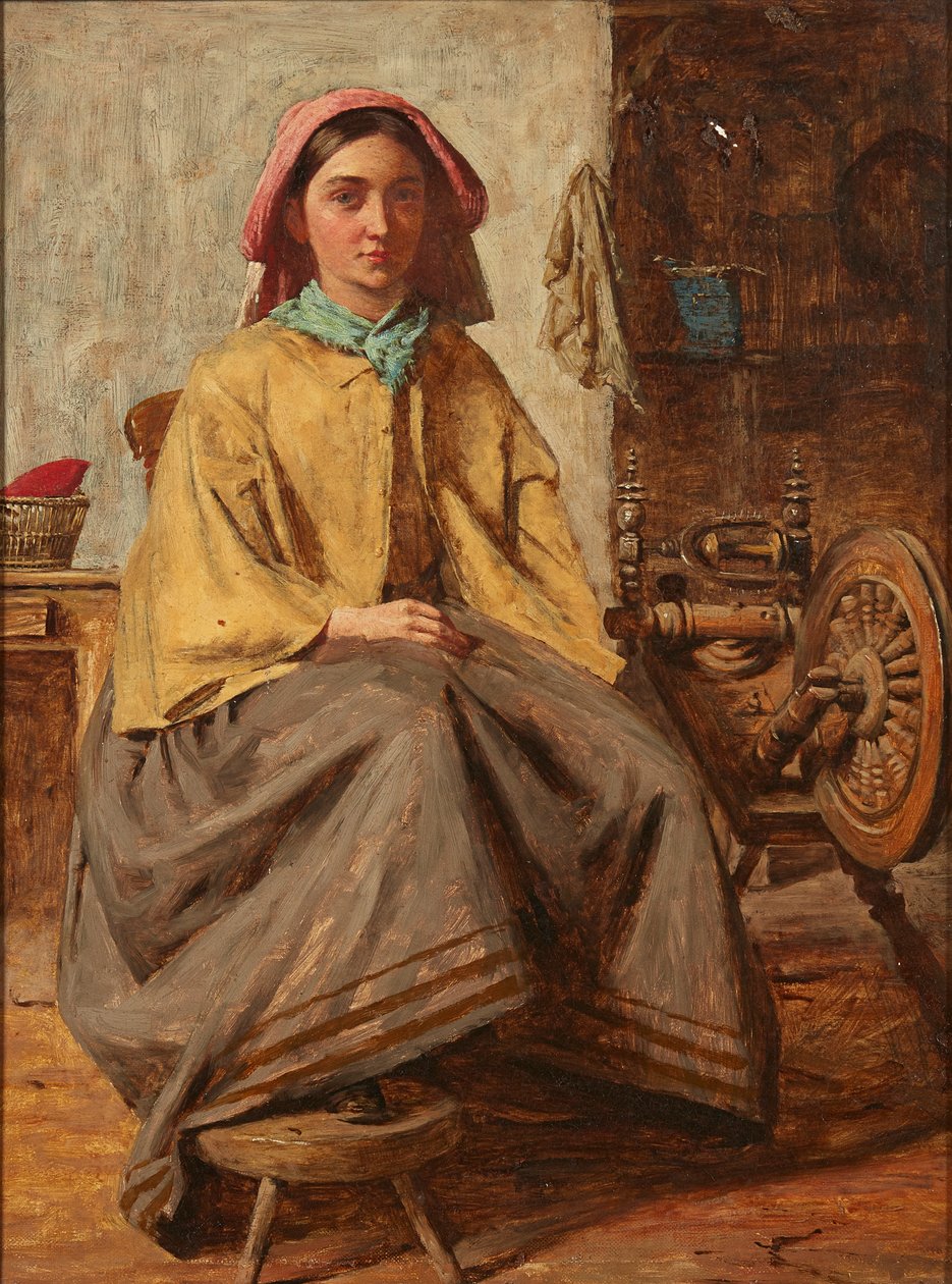 At the Spinning Wheel (olje på lerret) av Thomas (follower of) Faed
