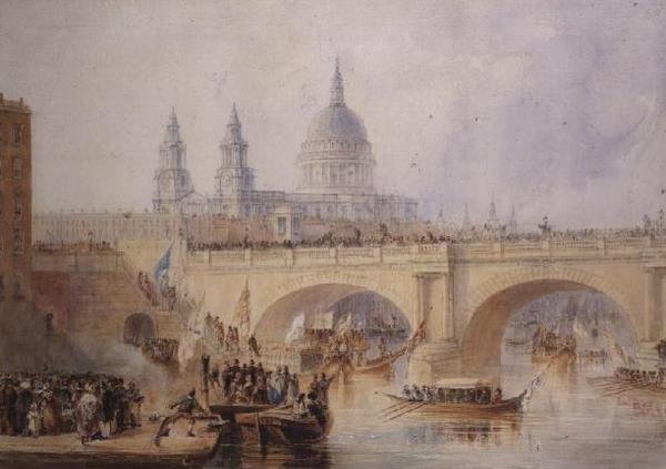 Ilandstigning av Lord Mayor ved Blackfriars Bridge, ca. 1830 av Thomas Allom