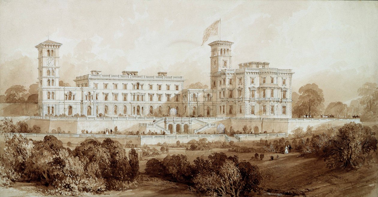 Osborne House, Isle of Wight (blyant og brun vask) av Thomas Allom