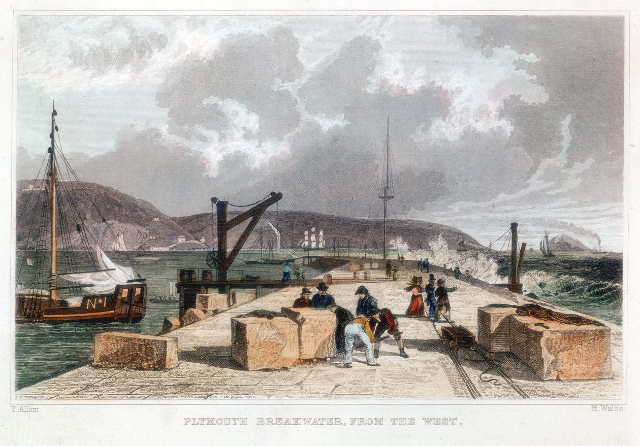 Plymouth Breakwater fra Vesten, 1829 av Thomas Allom