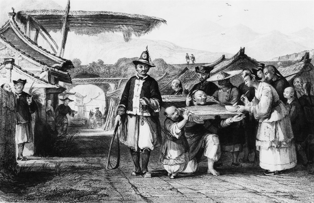 Straff ved bruk av tcha eller cangue (treåk eller søyle), gravering av Thomas Allom (1804-1872) fra det kinesiske imperiet av Thomas Allom