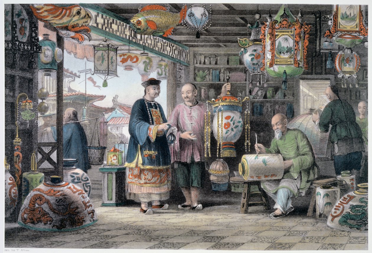'Showroom of a Lantern Merchant in Peking', Kina, 1843 av Thomas Allom