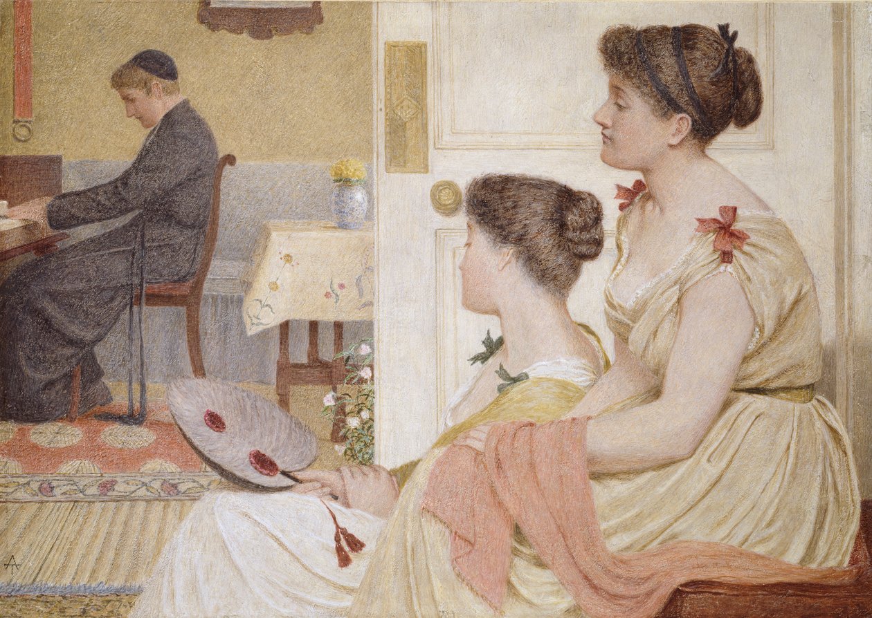 Drawing Room Scene med en ung prest ved pianoet, sent på 1800-tallet av Thomas Armstrong