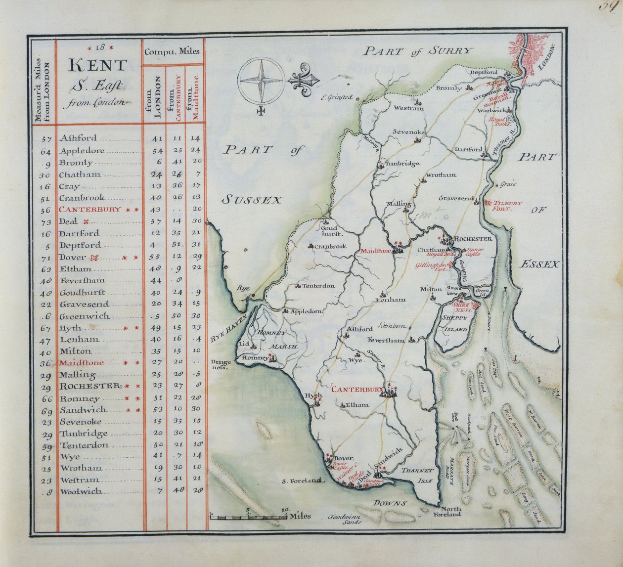 Kent, plate 39r, fra A Complete Set of Maps of England and Wales in General..., 1724 (penn og blekk og wc på papir) av Thomas Badeslade