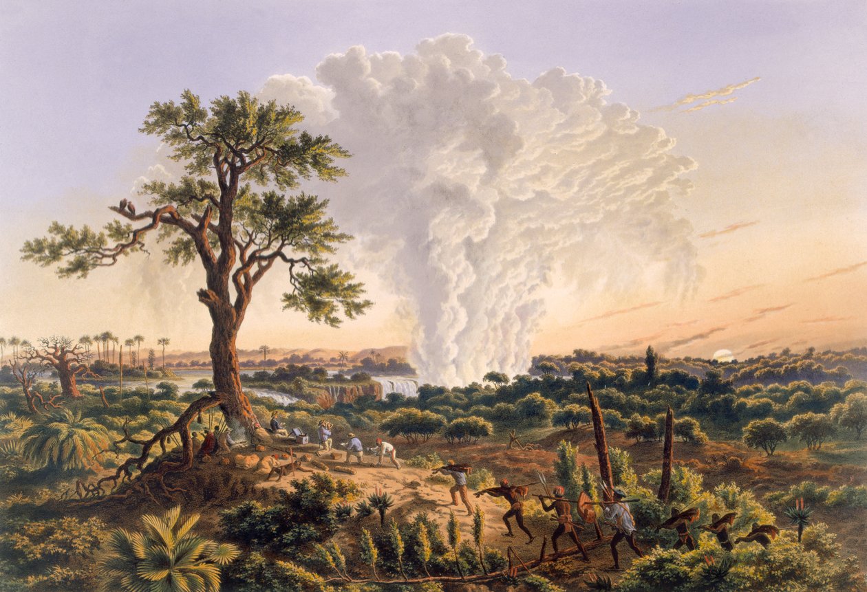 The Falls by Sunrise med sprayskyen som stiger 1200 fot, 1865 (fargetrykk) av Thomas Baines