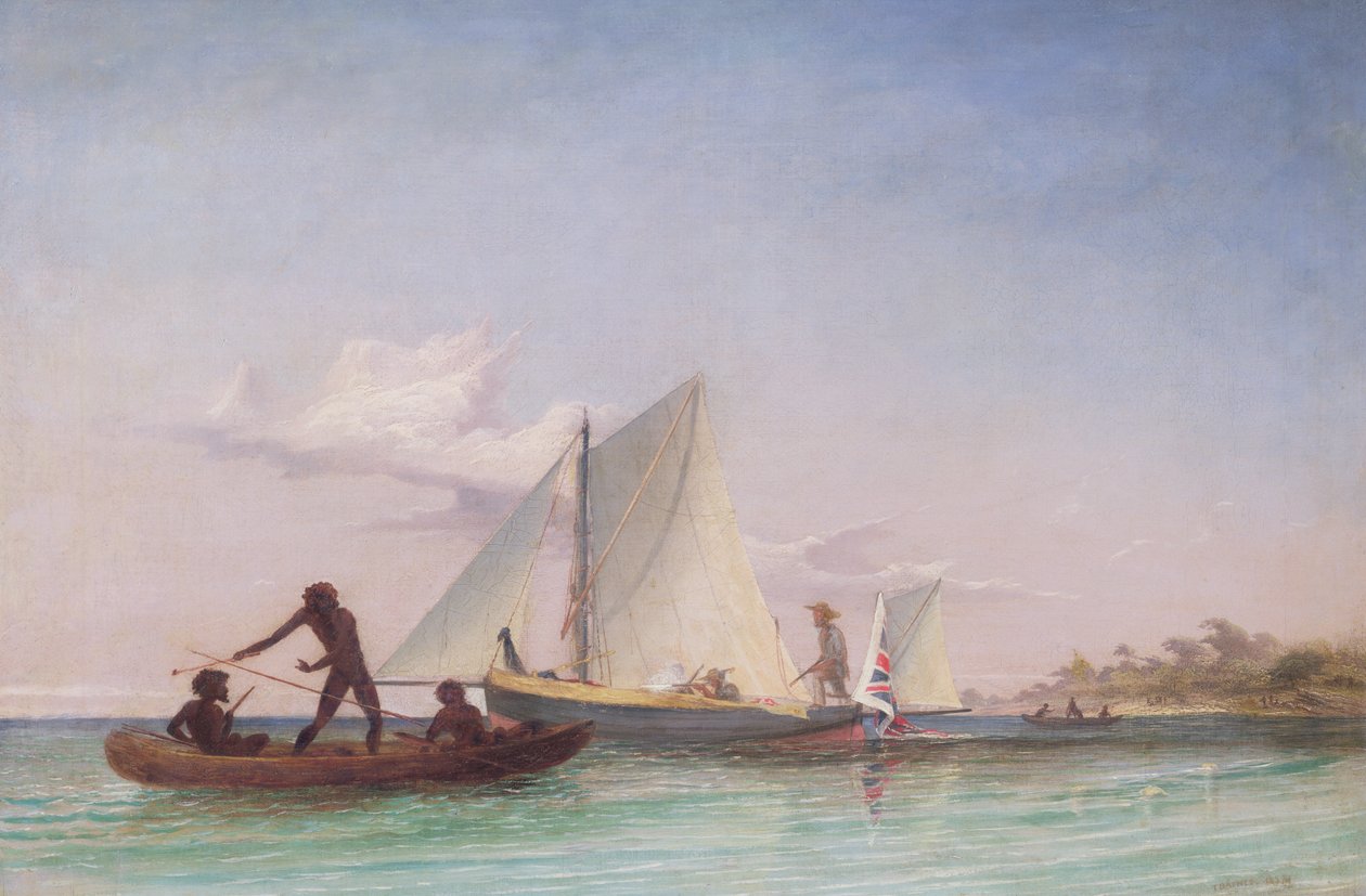 The Long Boat of the Messenger angrepet av innfødte av Thomas Baines